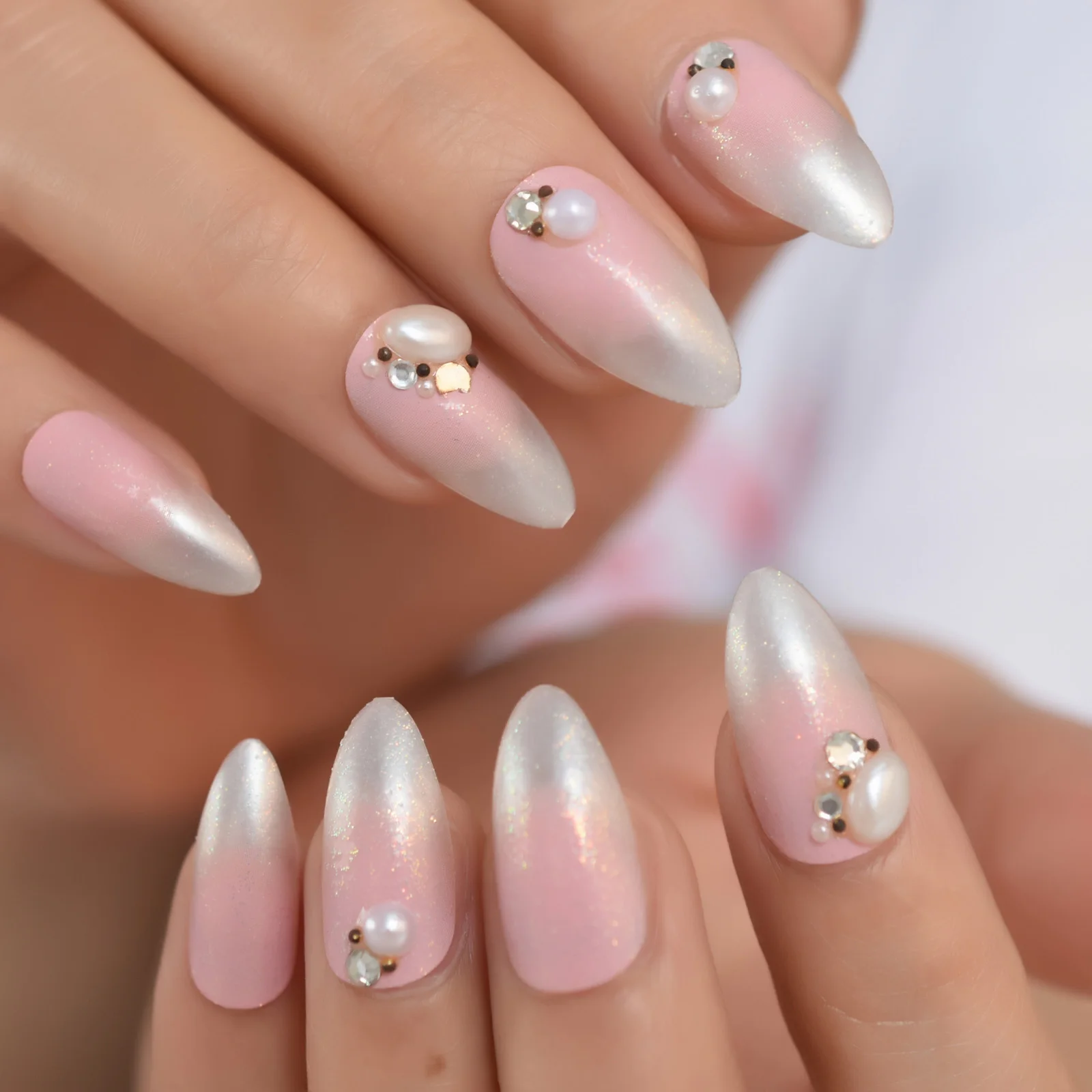 

Jewelry Fading With France Design Medium-Short Sharp Almond Full Cover Nails Supplies Putty Charms Kawii Fingernails EchiQ