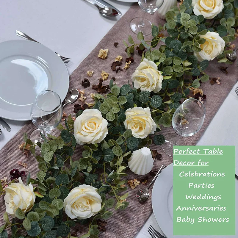 Искусственный эвкалипт гирлянда с цветами розы цвета шампанского длинная