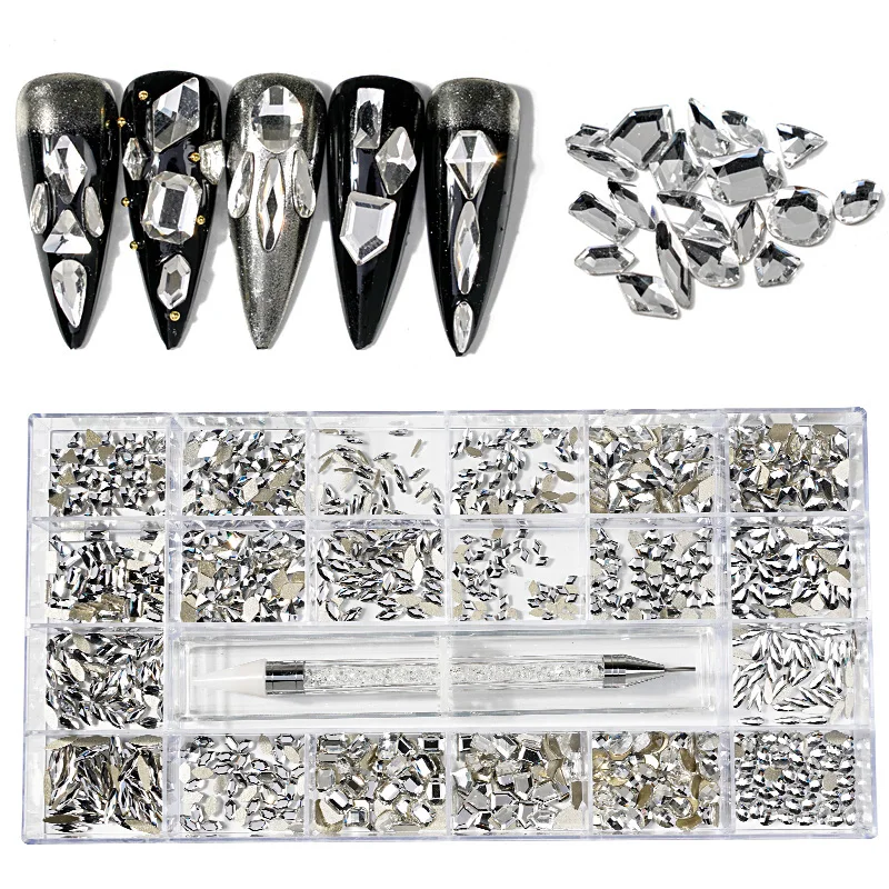 

1000pcs/9340pcs One Box Gems For Manicure Clear/AB Color Big/Big And Small Size Nail Crystal Rhinestones +1 Diamond Pick Up Pen