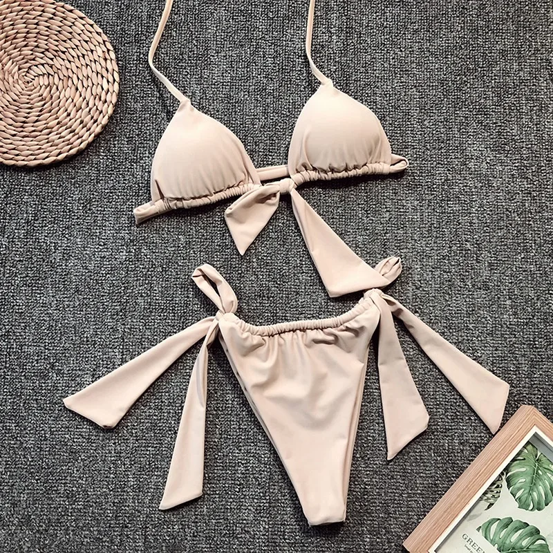 

Oeak Sexy Bikini 2021 Swimwear Women Summer Halter Lace Up Bow Push Up Padded Bra Micro Bikini Thong Two Piece Set Beachwear