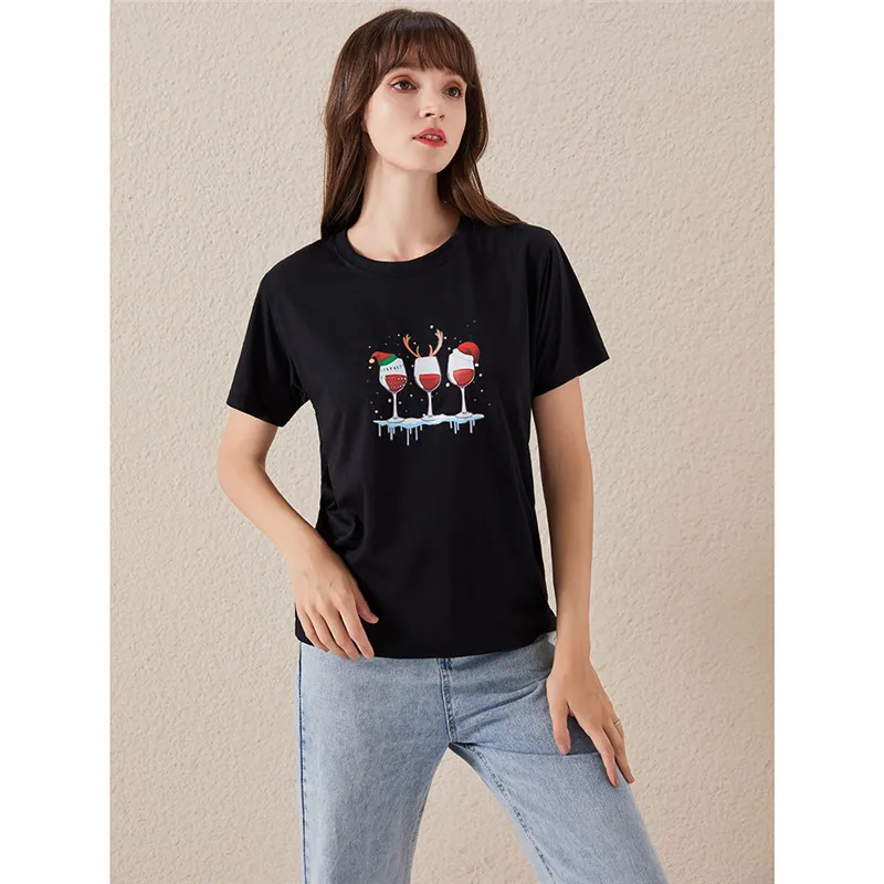 

Christmas T Shirt Women Funny Xmas Wine Glass Santa Claws Printed Loose T Shirt Short Sleeve Cute Tees Female Graphic Tops