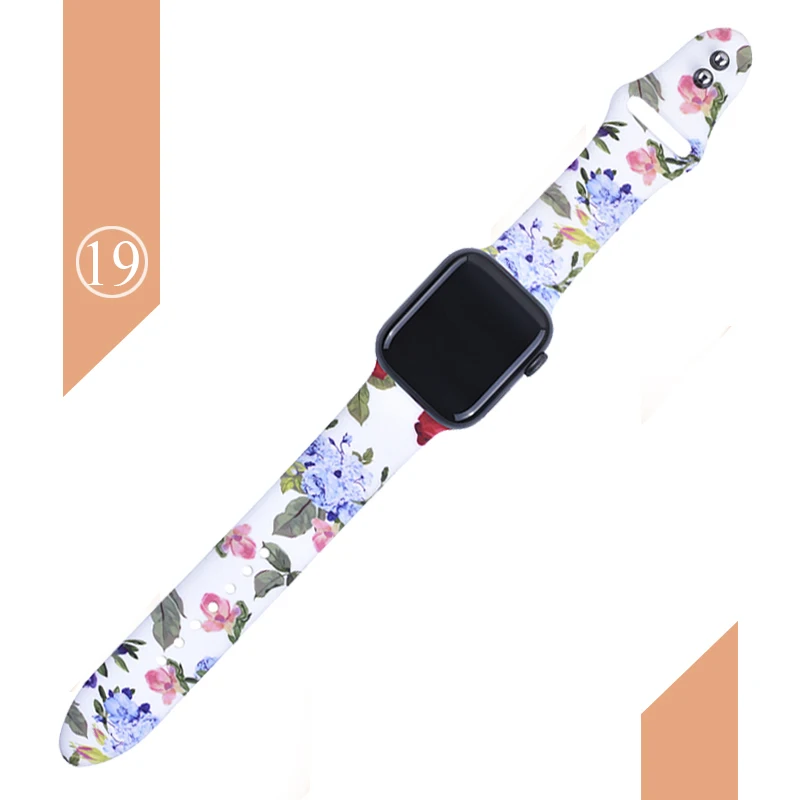 С цветочным узором ремешок для наручных часов Apple Watch 5 4 3 2 1 38/40 мм/42 44 мм мягкий печатным рисунком разноцветных силиконовых спортивный ремешок для наручных часов Iwatch, 4 Для женщин детей - Цвет ремешка: Color 19