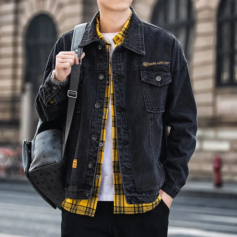 

Blue Ripped Jeans Jacket Men Spring Autumn Fashion Turn-down Collar Long Sleeve Korean Jacket Man Vintage Loose Black Denim Coat