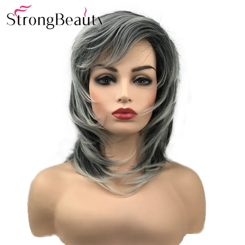 Стронгбьюти Мягкая Пушистая Парик С Длинными Волосами Средней Длины, Естественно Прямые Черные Серебряно-Белые Синтетические Парики