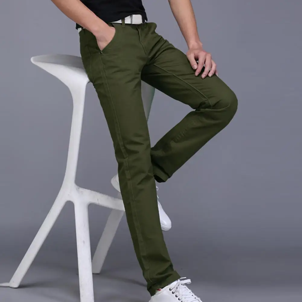 

Men Solid Color Button Cotton Straight Long Pants Pockets Business Trousers Slim Oversized Basic Pants
