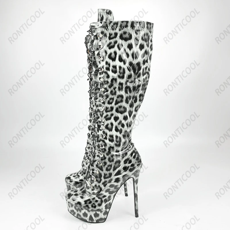 Ronticool Женские зимние сапоги до колена с леопардовым узором на тонком каблуке