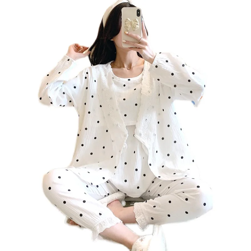 

100% Cotton Thin Light Gauze Maternity Nursing Sleepwear Sets Dot Printed Robe Pajamas Suit Clothes for Pregnant Women Pregnancy