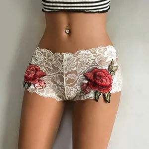 New Women's Sexy Underwear Flower Transparent Lace Lingerie Floral Embroidery Hollow Out Boyshort  femme panties S M L