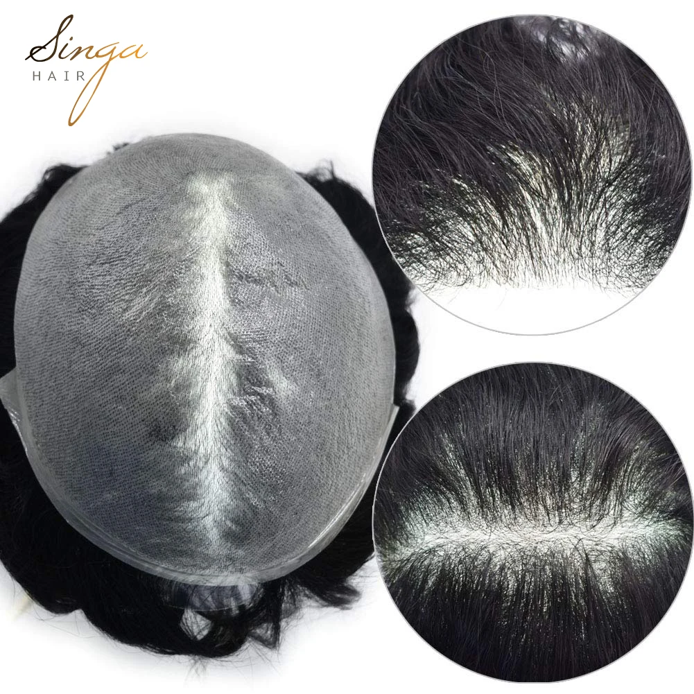 Adjustable Thin Skin 0.06-0.08mm Can Be Cut Down Any Size V-loop Mens Toupee Human Hair System Transparent PU Replacement US