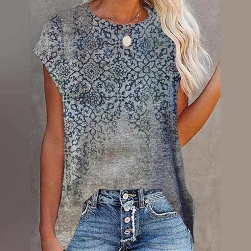 

Summer New Fashion Women's Gradient Retro T-Shirt Casual Women Party Tops Short Sleeve Tees S-5XL