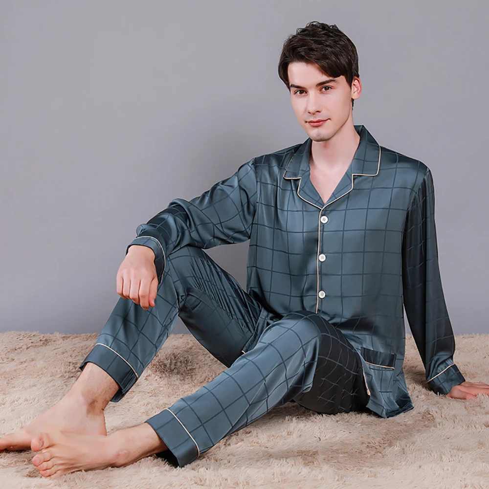

Men Luxurious Ice Silk Pajamas Spring Summer High Quality Plus Size Pajama Sets Male Comfortable Sleepwear Casual Noble Pijama