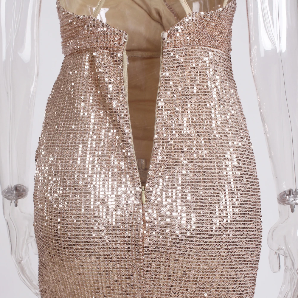 

Pleated Backless Sleeveless Party Dress V Neck Sequined Maxi Dress Split Leg