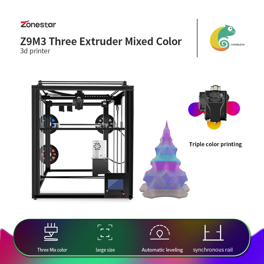 ZONESTAR большой тройной экструдер Auto Mix Цвет 3 в 1 из стабильный закрытые Алюминий