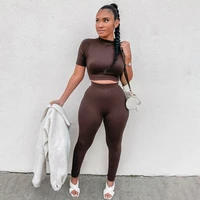 fashion solid women two piece set short sleeve gym top crops leggings skinny sporty tracksuit 2021 fall summer outfit matching