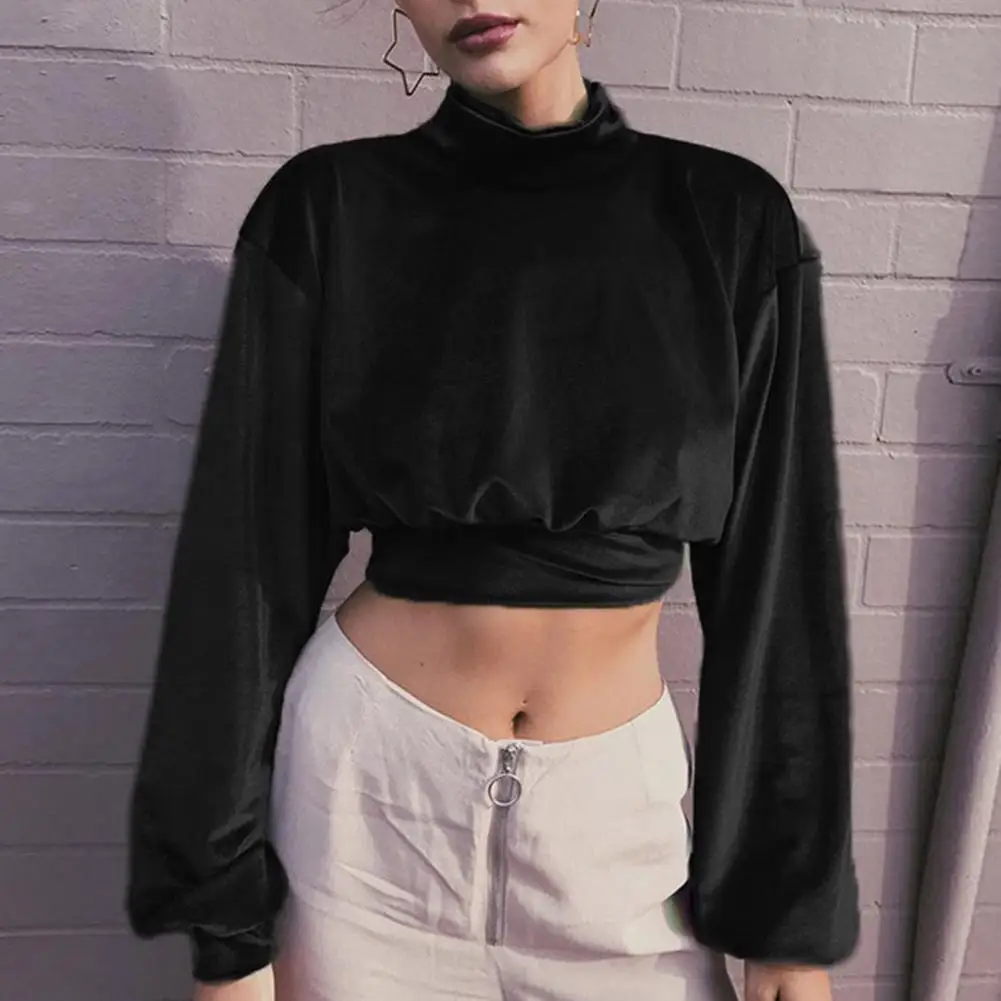 

Женская блузка из дышащего полиэстера с высоким воротником, короткий укороченный топ с открытым животом для повседневной носки, оптовая пр...