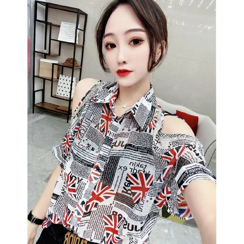 

New summer women's fashionable rice flag shirt with sling, women's off shoulder heavy industry hot-dip semi transparent sexy top