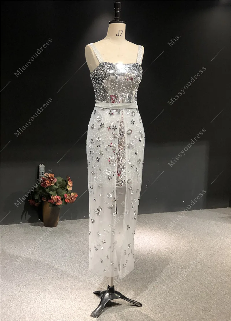 2021 Newest High Quality Customized Silver Strapless Heavy Beading Open Fork Straight Tea-Length Evening Party Dress