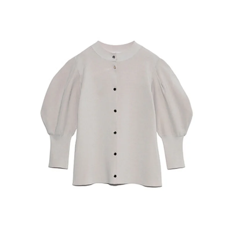 

O Neck Single Breast Design Knit Cardigans Women Spring Solid Loose Puff Sleeve Sweater Coat 2021 New Casual Soft Sweet Tops