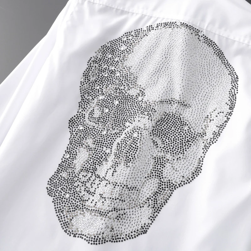

Crystal Skull Beading Men Shirt Long Sleeve Slim Casual Shirts male High quality 100% Pure Cotton Shirts For Men Plus size 4XL