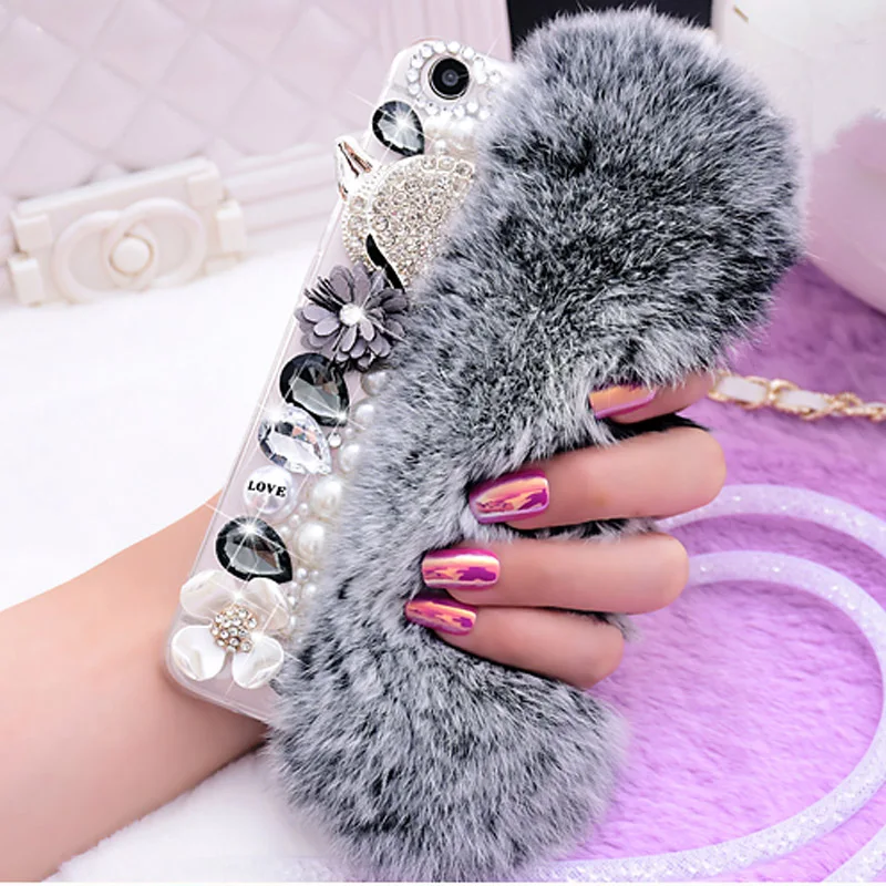 

Luxury Big Rhinestone diamond Real rabbit fur hard cover case For Huawei Honor8 9 10 20 Lite 7X 8X Nova2 3 4 5 pro bling Case