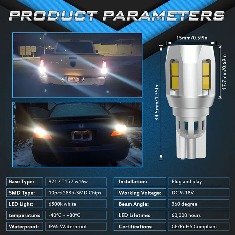 2pcs W16W T15 LED Bulbs 2835 SMD Canbus OBC Error Free car Backup Light 921 912 Car Reverse Lamps Xenon White DC12V | Автомобили и