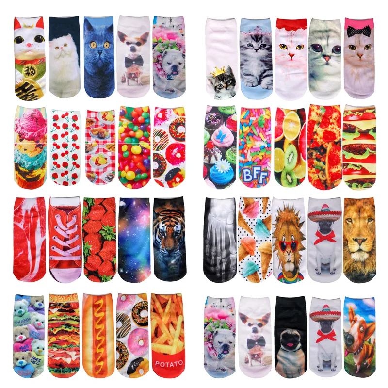 5 пар/лот 3D принт женские лодочные носки с изображением кошек и собак из