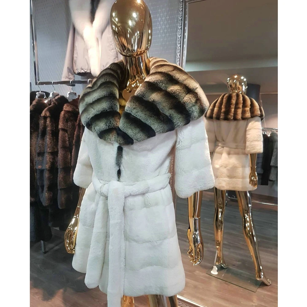 Medium Length Natural Rex Rabbit Fur Coat with Turn-down Collar Winter New Trendy Full Pelt Rex Rabbit Fur Coats Female Outwear