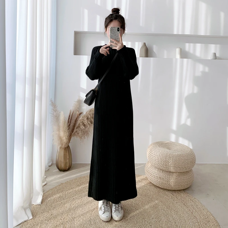 

WAVSIYIER warm thick knitted korean style sweater dress women casual autumn winter pollover jumper dresses woman 2020 new solid