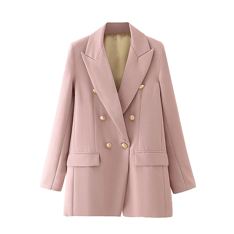 

Women Casual Fashion Office Wear Double Breasted Blazers Coat Vintage Long Sleeve Pockets Female Outerwear Chic Overcoat