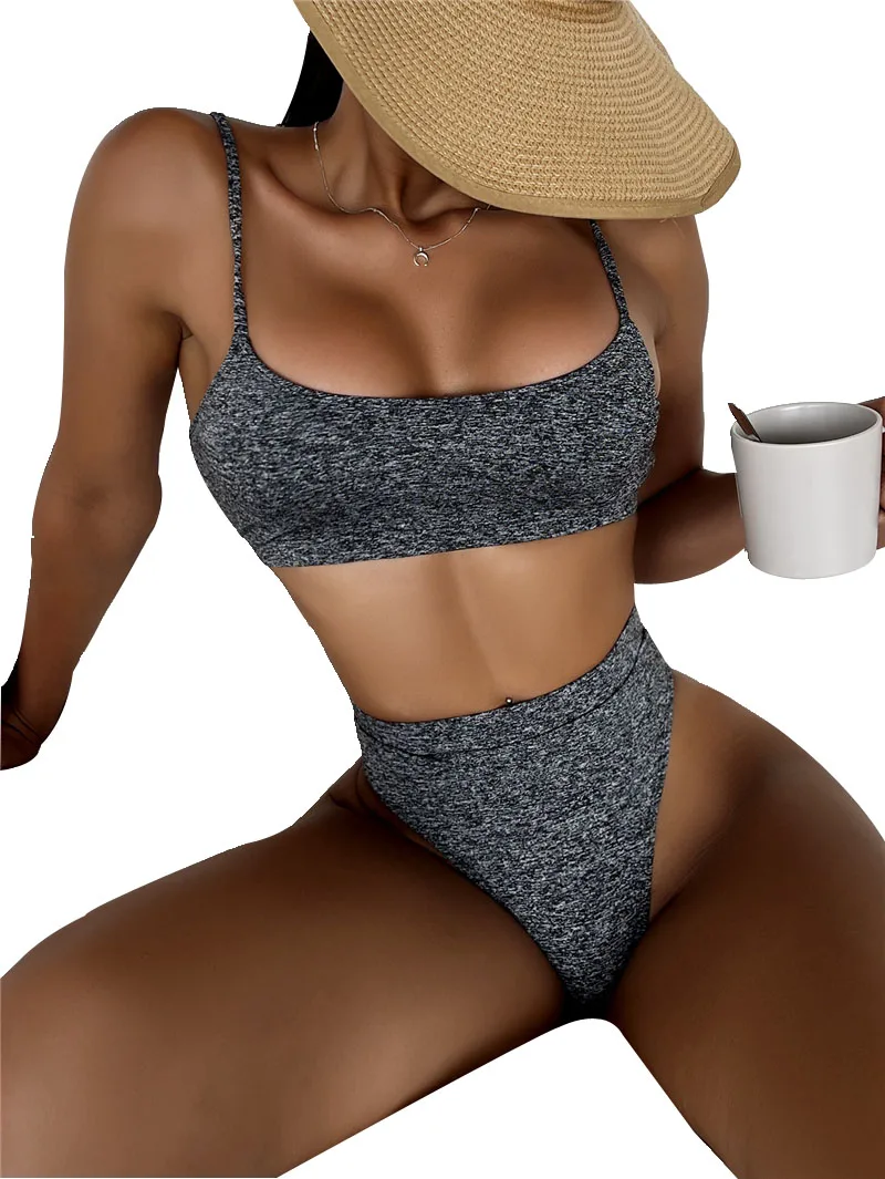 

2021 New High Waist Bikini Solid Grey Two Piece Swimsuit U Neck Bathing Suit Female Swim Suit Women Bikinis Set