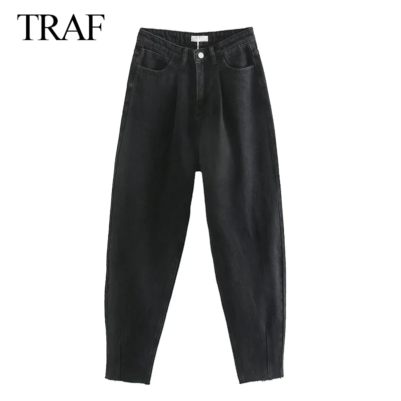 

TRAF ZA 2021 Women's Jeans Fashion Casual High Waist Pants Loose Denim Trousers Pockets Pleated Female Streetwear Harem Pants