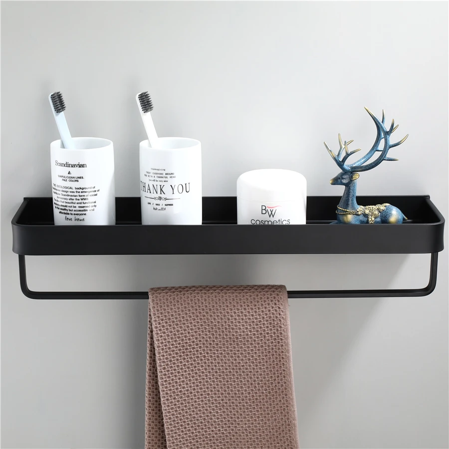 

Bathroom Black Shelf with Towel Bar Space Aluminum Corner Shelves Towel Rack with Hook Shampoo Holder Kitchen Storage Rack