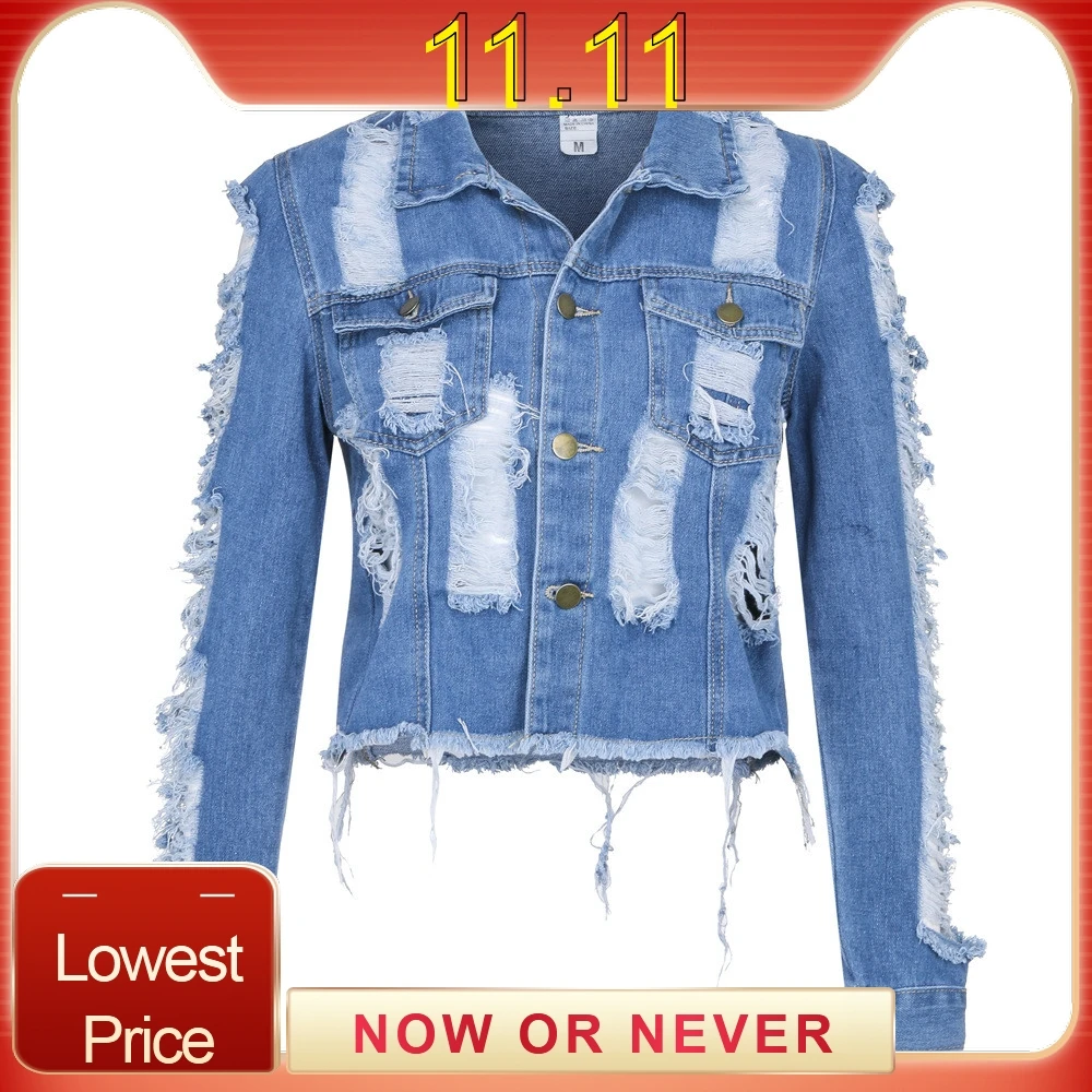 Женская Повседневная джинсовая куртка с кисточками пальто дырками длинным