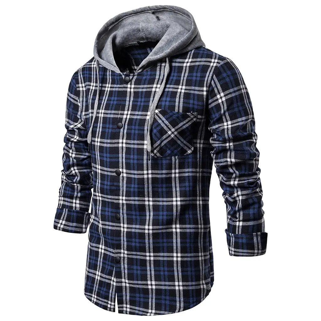 Осень 2019 Мужская рубашка с капюшоном Повседневная Тонкая Клетчатая Camisa Masculina