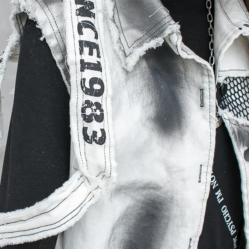 

Printing Letter Mesh Patchwork Hollow out Women Sleeveless Loose Denim Vest 2021 European and American fashion Female Long Vest