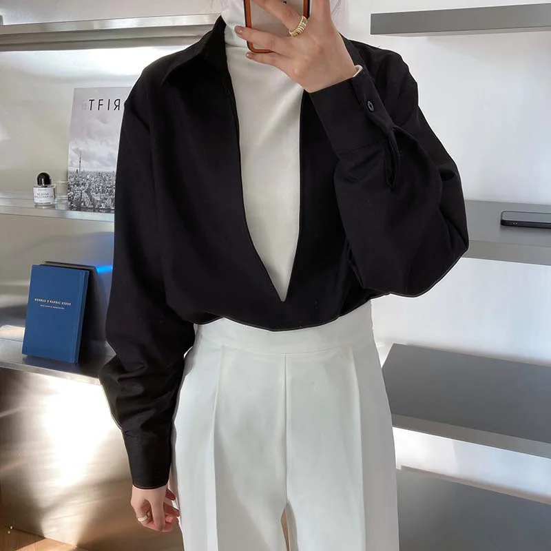 

Spring and autumn women's casual solid color V-neck long-sleeved shirt