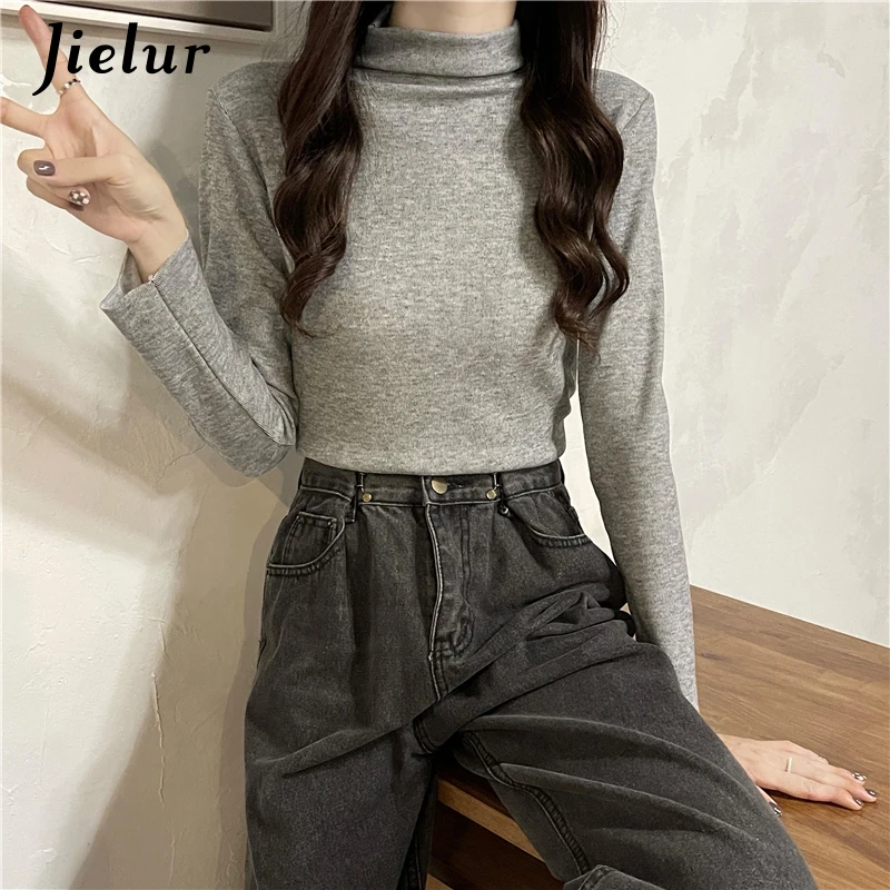 Jielur Серая эластичная женская футболка однотонная Базовая с длинным рукавом