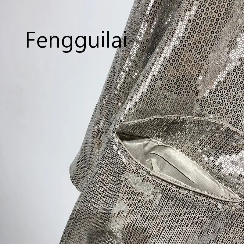 FENGGUILAI Double Breasted Blazer Sequins Club Blazer Long Sleeve Suit Coat Jacket Chic Women BlingBling Blazers Female