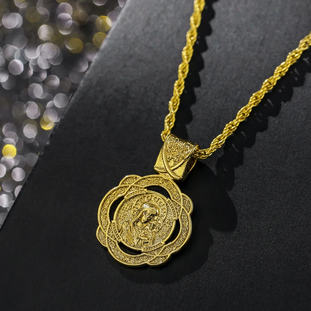 

Pendant necklace for women and men blessed virgin Mary with gold-colored jewelry as a religious gift with gilt twist necklace