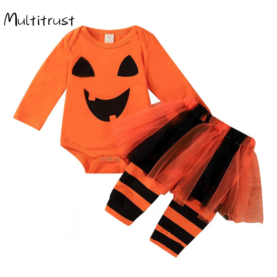 

2020 Halloween Kids Girls Clothes Sets 3pcs Long Sleeve Cartoon Print Bodysuit Tops +Skirts+Leg 0-3Y