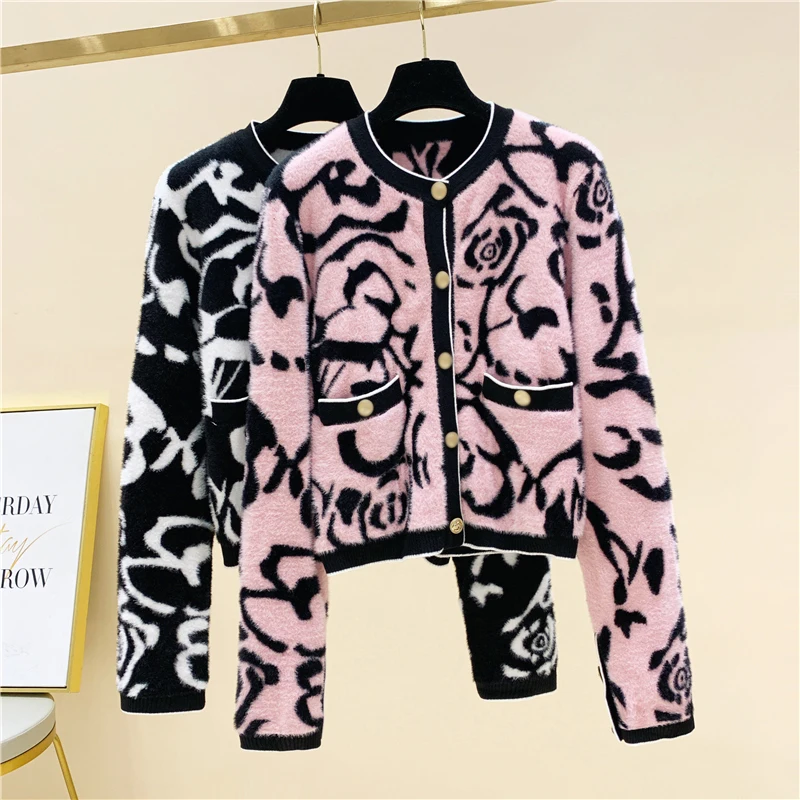 

2020 Autumn Winter Knitwear Lady New Leopard Print Round Neck Slim Fit Single Breasted Knitted Cardigan Coat Short Sweater Women