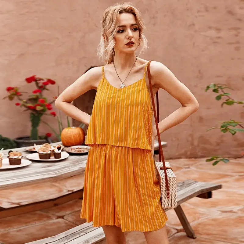 

Striped Jumpsuit for Women Sleeveless Top Tanks and Shorts Vertical Lines Prints Summer Spring Female Clothes Casual Plus Size