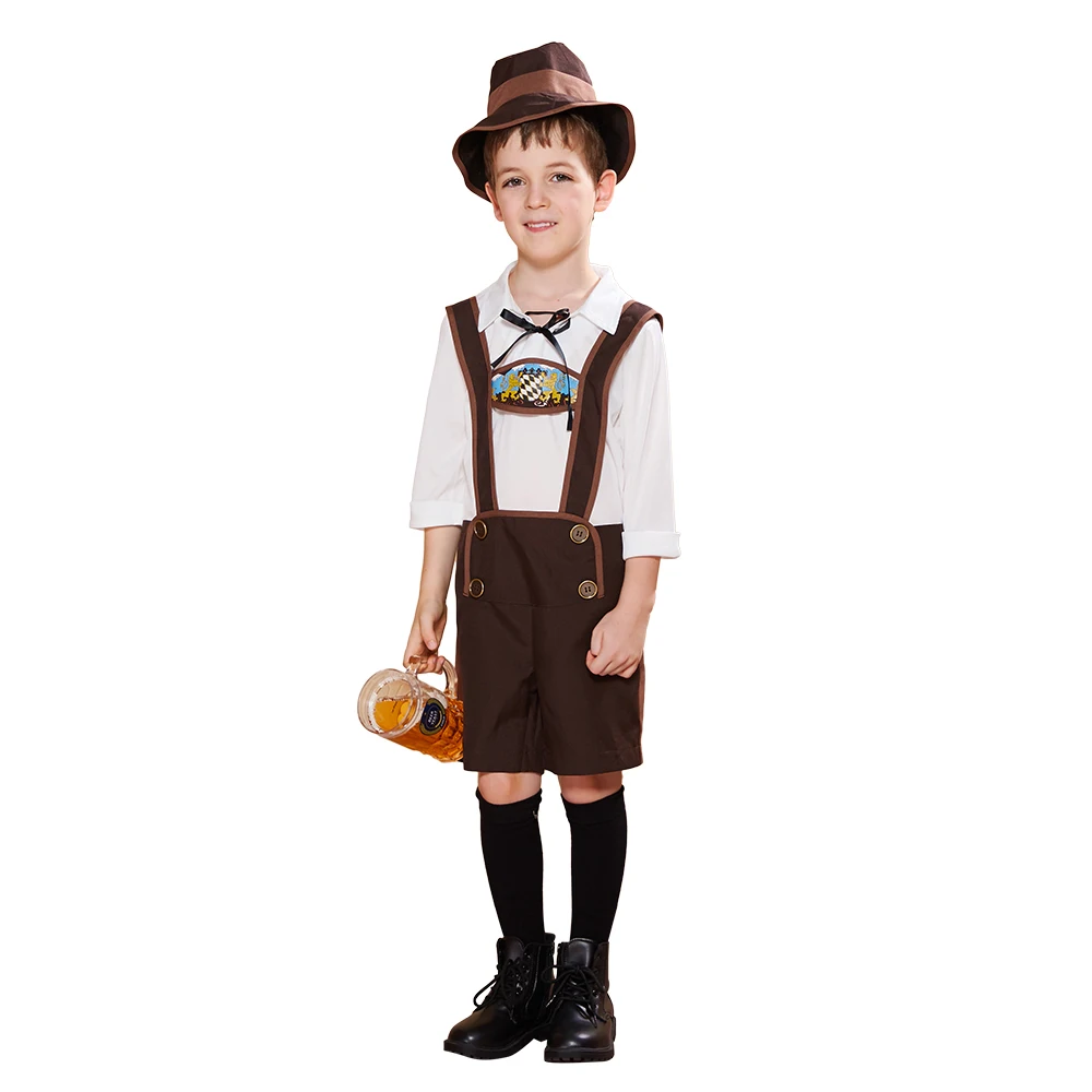 Мужские карнавальные костюмы Октоберфеста для мальчиков, Lederhosen, баварский немецкий детский праздничный костюм, костюм, рубашка, нарядная шляпа