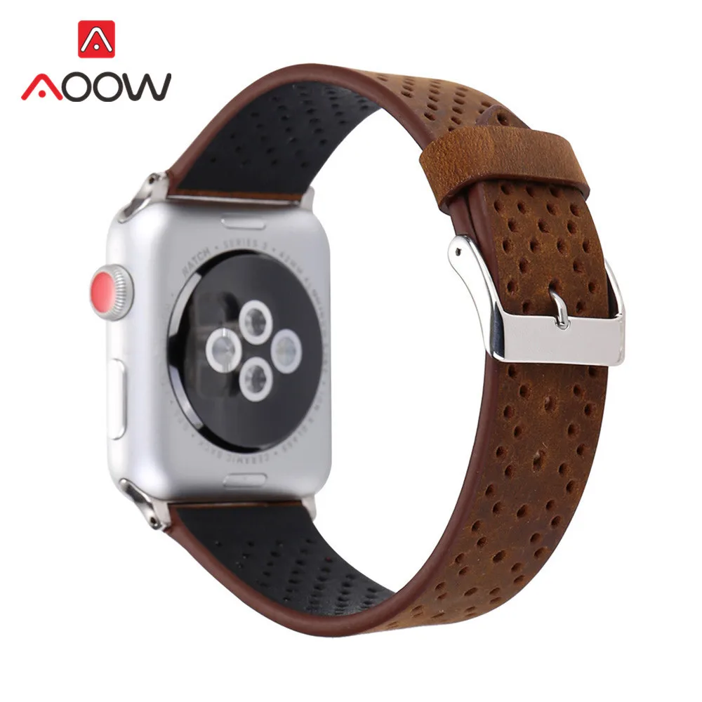Ремешок для часов из натуральной кожи для Apple Watch, 38 мм, 42 мм, дышащий ремешок для мужчин и женщин, ремешок для iwatch 1, 2, 3, 4