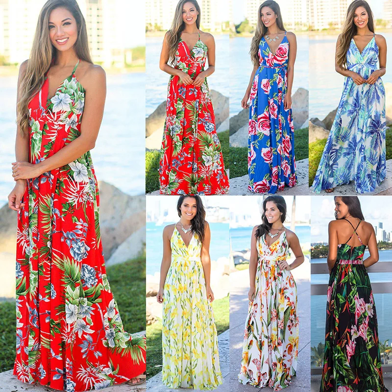 

Women's Sling Floral Print Long Dresses Summer Boho V-Neck Backless Sleeveless Party Beach Casual Maxi Dress Sundress