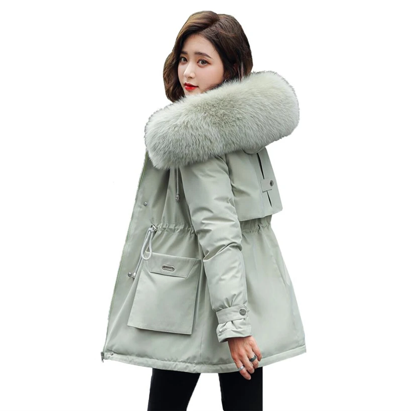 

Ladies Velvet Liner Thicken Hooded Parka Women Slim With Big Fur Collar Outerwear Autumn Winter Jacket Women Coat Parkas Female