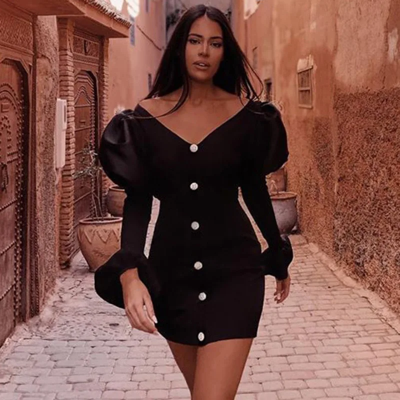 

BKLD Новое поступление, модные сексуальные женские платья с V-образным вырезом, женские платья с рукавами-фонариками, черное Плиссированное ж...