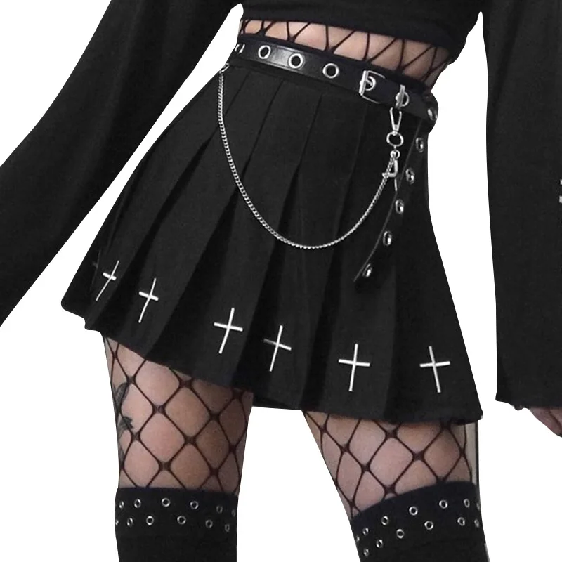 

Fashion Cross Print Pleated Punk Skirts High Waist Black Skirts Gothic Streetwear A-line mini skirt