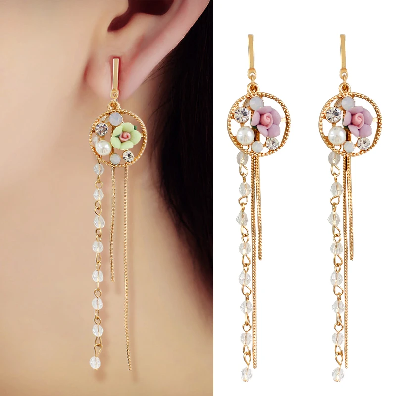 Женские серьги с подвесками длинные розовым жемчугом и кристаллами в стиле