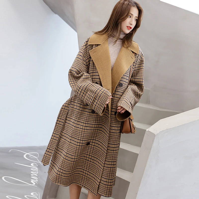 Женское шерстяное пальто в клетку длинное теплое элегантное Корейском стиле